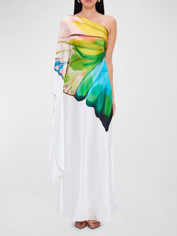 Robe longue ample asymétrique à manches longues, à imprimé floral, asymétrique à une épaule