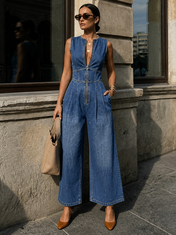Combinaison plissée taille haute, sans manches, à poches, à fermeture éclair, à col rond, couleur unie