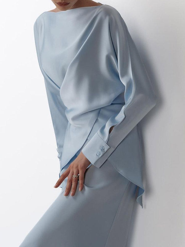 Ensemble deux pièces ample à empiècements, à col bateau, à manches longues, couleur unie – chemisier + chemise + jupe