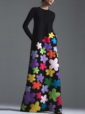 Robe longue asymétrique à manches longues, à fleurs, à col rond
