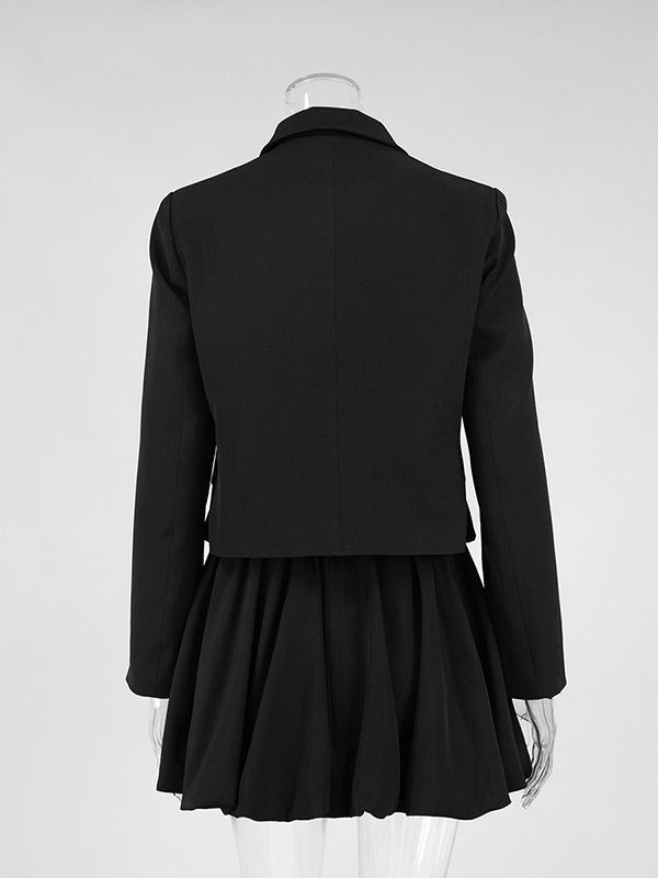 Ensemble deux pièces blazer à manches longues et mini jupes plissées, couleur unie, revers fendu