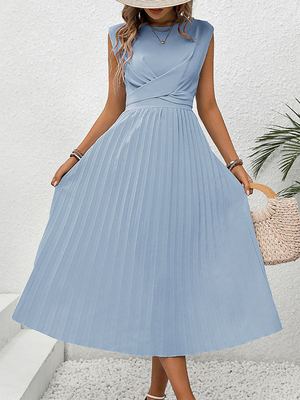 Robe mi-longue ample plissée à manches raglan, à taille élastique, à empiècements, à taille nouée, à col rond, couleur unie