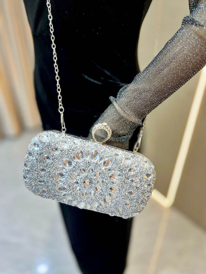Pochette de soirée géométrique brillante à chaîne, à cadenas, à strass