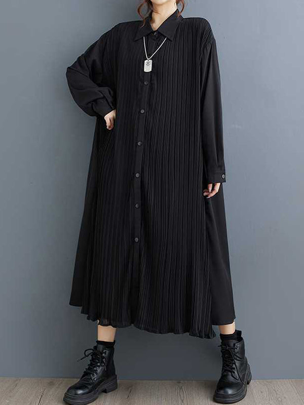 Robe chemise boutonnée plissée coupe trapèze, à manches longues, à poches, à empiècements, à col revers
