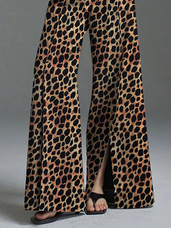 Pantalon ample fendu devant décontracté à jambes larges, à imprimé léopard