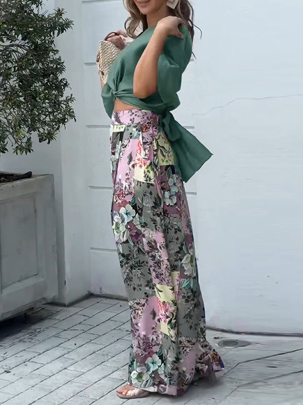 Ensemble chemise et pantalon large à imprimé floral, nœud et poches
