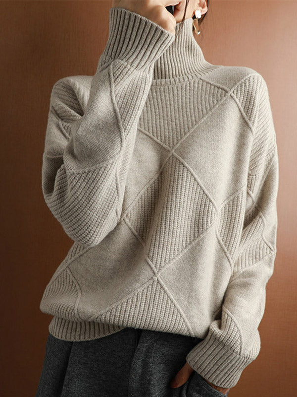 Pull décontracté ample rayé à col haut, à manches longues, couleur unie