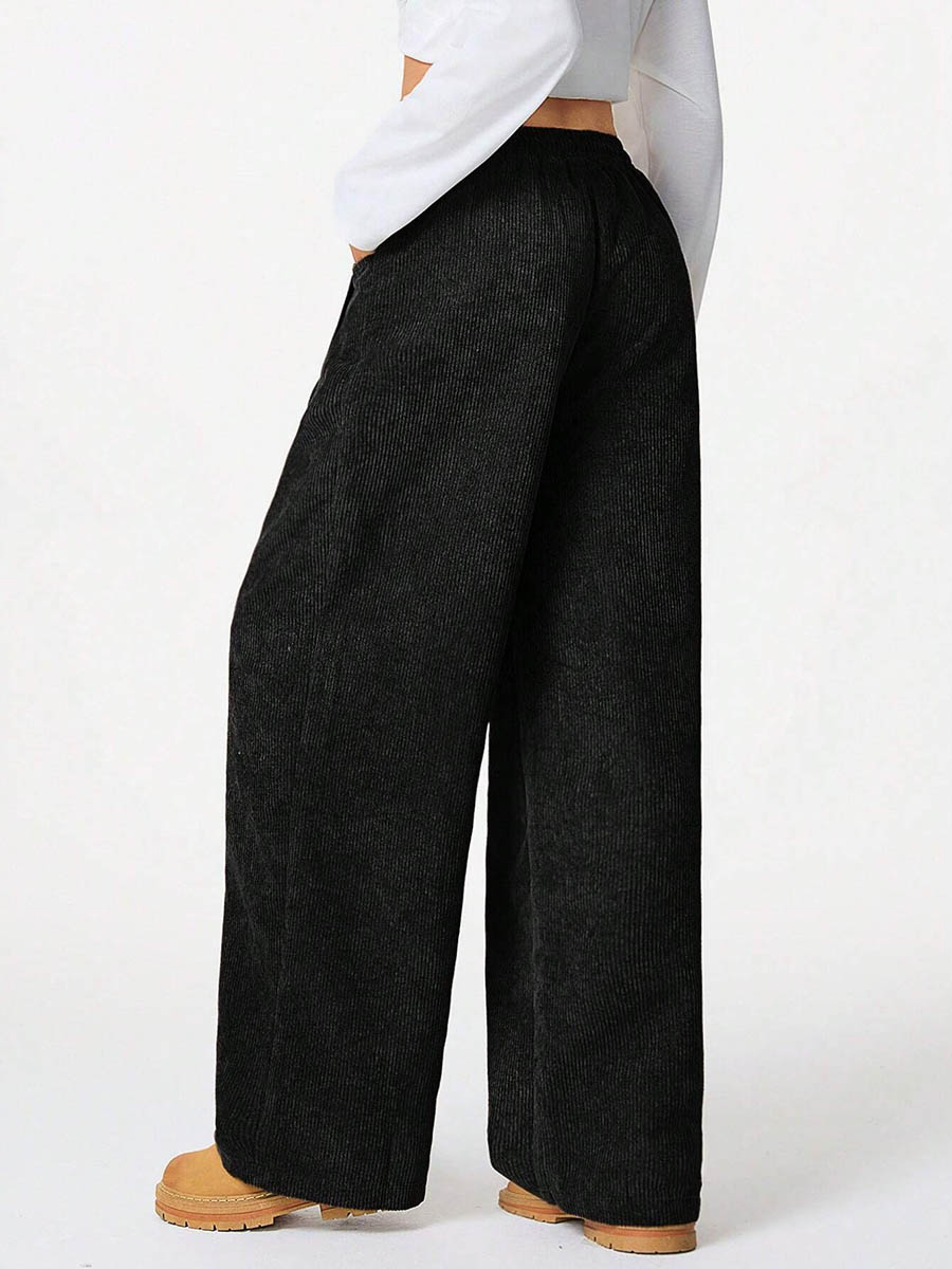 Pantalon taille haute, à jambes larges, à cordon de serrage, à taille élastique, à poches, couleur unie