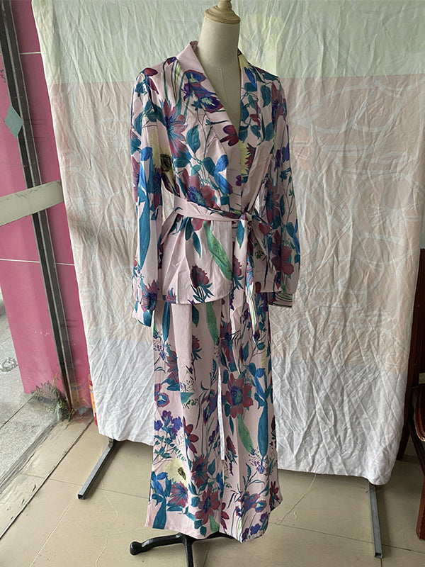 Ensemble deux pièces taille haute, à manches longues, à imprimé floral, à taille nouée, à col en V – chemise + haut + pantalon