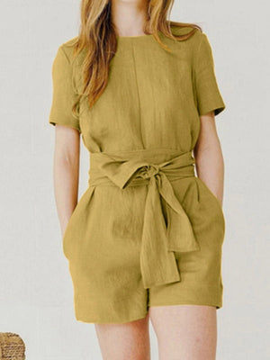 Combishort ample grande taille, à empiècements, à taille nouée, à col rond, couleur unie