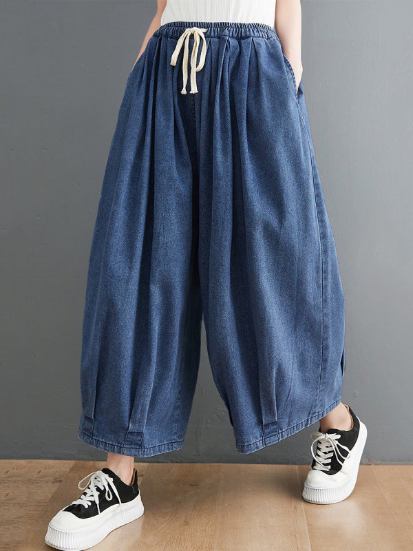 Pantalon en jean décontracté à jambes larges avec cordon de serrage