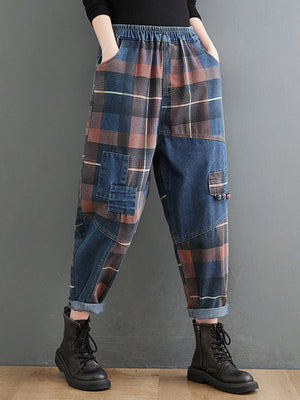 Pantalon en jean à carreaux rétro artistique original
