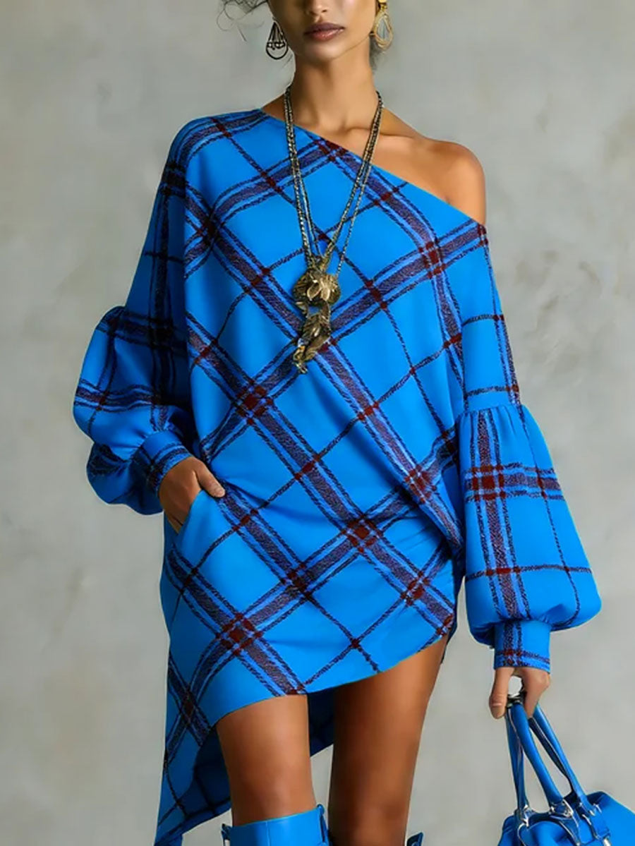 Robe courte asymétrique plissée à manches longues, à manches bouffantes, à carreaux, asymétrique à une épaule, couleur contrastée