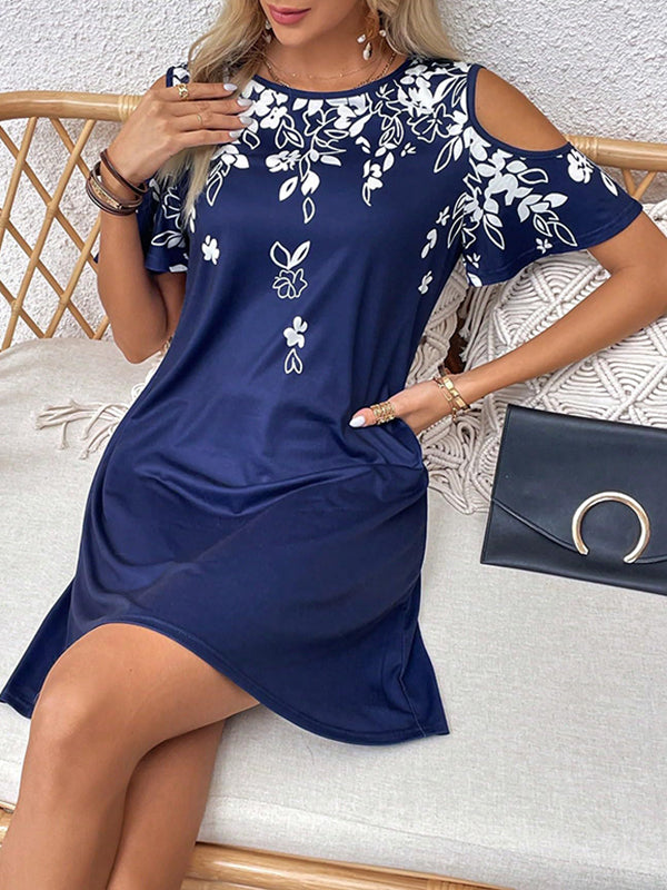Robe courte ample ajourée coupe trapèze, à imprimé floral, à épaules ajourées