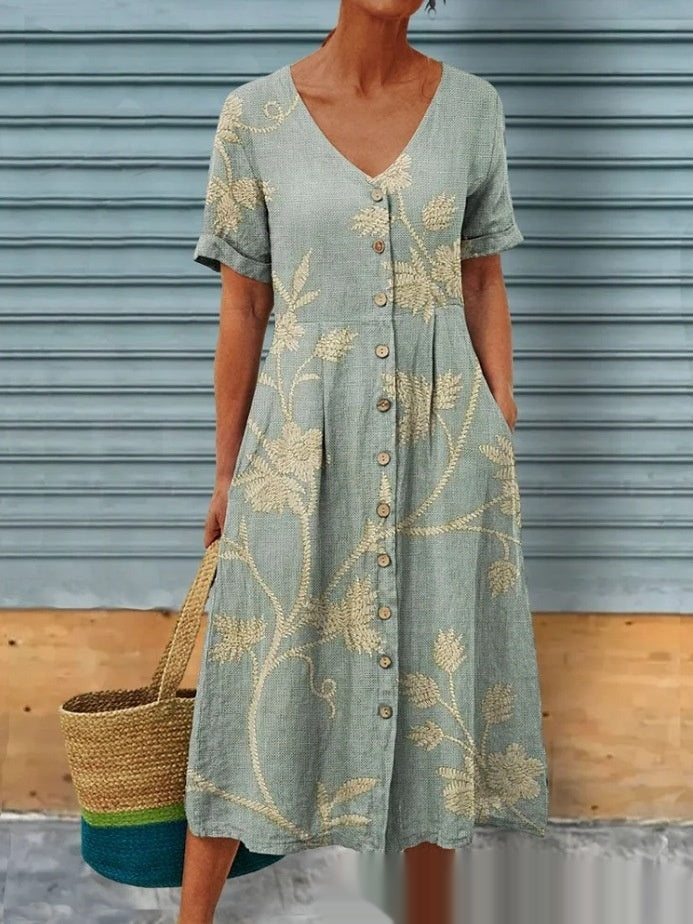 Luna - Robe midi à imprimé floral et fermeture à boutons devant