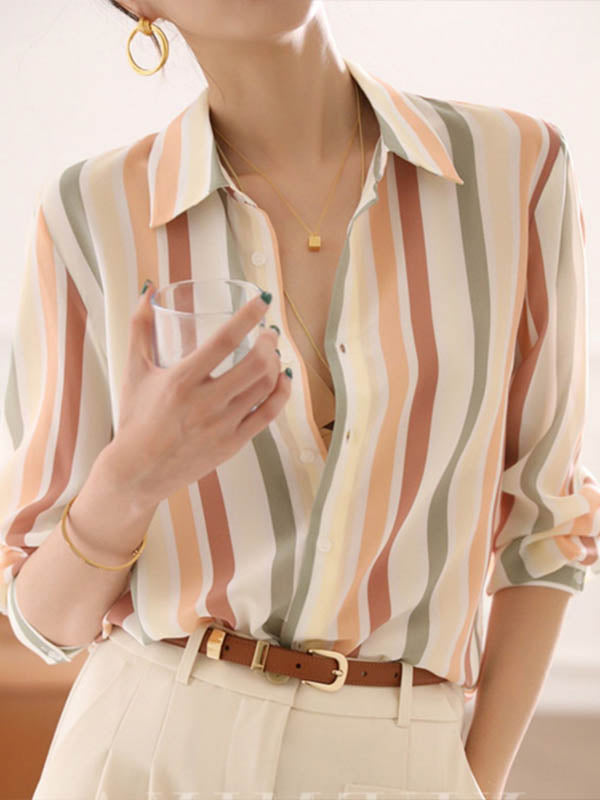 Chemise multicolore rayée à manches longues, à col revers