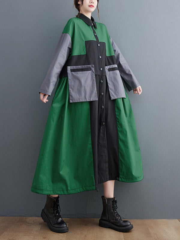 Robe mi-longue ample vintage, à manches longues, col polo, couleur contrastée