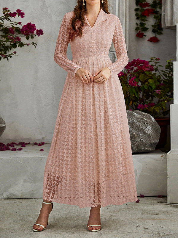 Robe longue boutonnée transparente taille haute, à manches longues, en gaze, à col en V, couleur unie