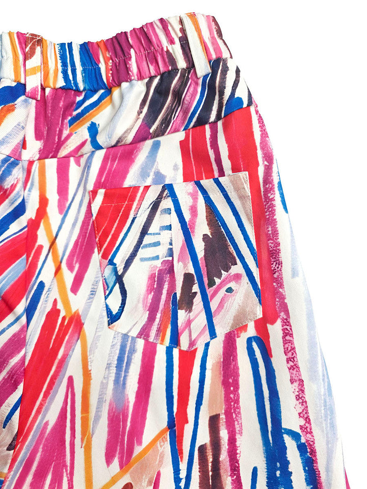 Pantalon imprimé ajouré boutonné à poches, à jambes larges, taille haute