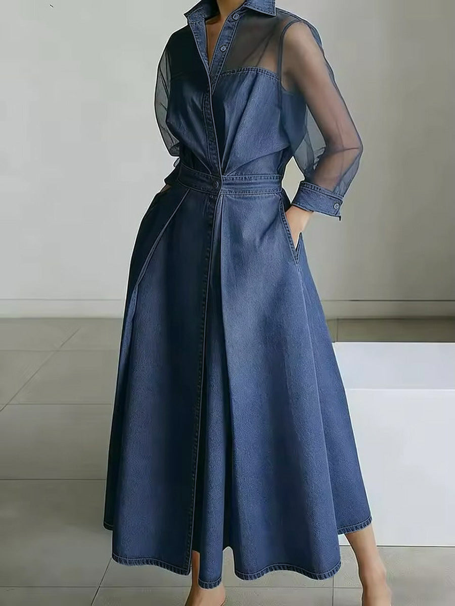 Robe longue boutonnée transparente coupe trapèze, taille haute, à poches, à empiècements, à col revers, couleur unie