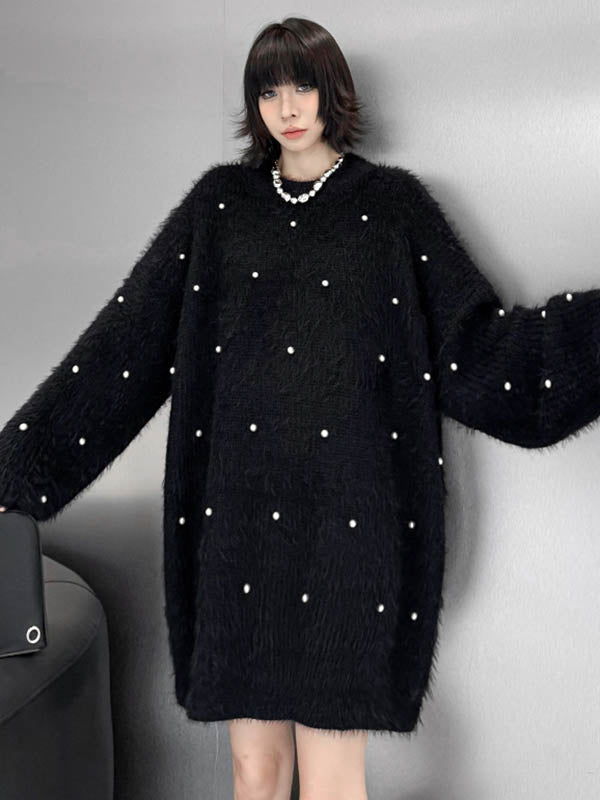Robe pull ample brillante à manches longues, à perles, à empiècements, à col rond, couleur contrastée