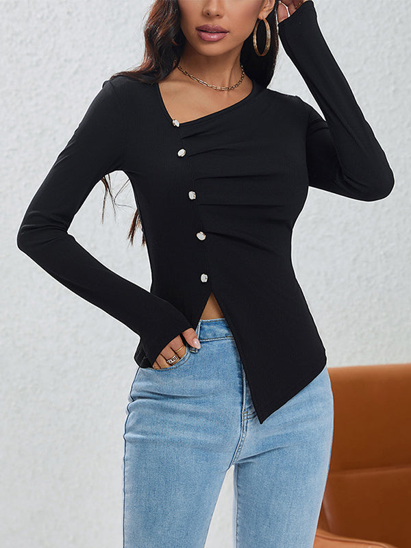 T-shirt asymétrique boutonné plissé à manches longues, coupe près du corps, à col asymétrique