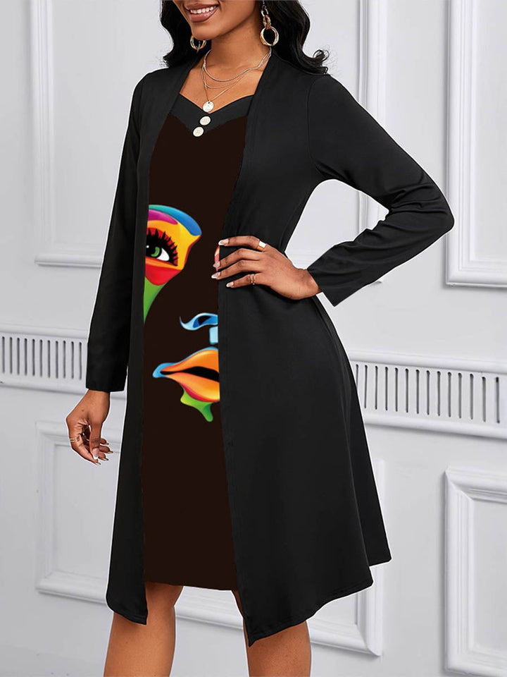 Trapèze faux deux boutons couleur contrastée motif humain imprimé fente-joint col carré robes mi-longues