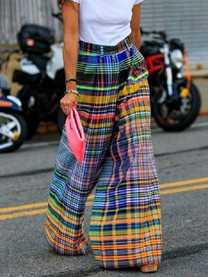 Pantalon élégant ample imprimé décontracté à jambes larges, à damier