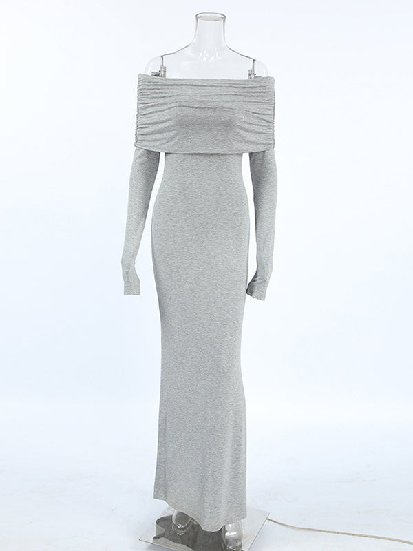 Robe de soirée longue plissée à manches longues, coupe près du corps, à empiècements, à épaules dénudées, couleur unie