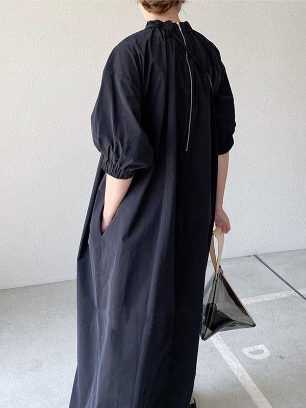 Robe chemise ample plissée à manches bouffantes, à empiècements, à fermeture éclair, à col montant