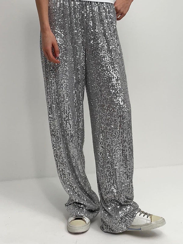 Pantalon ample brillant à jambes droites, à taille élastique, à sequins, à empiècements