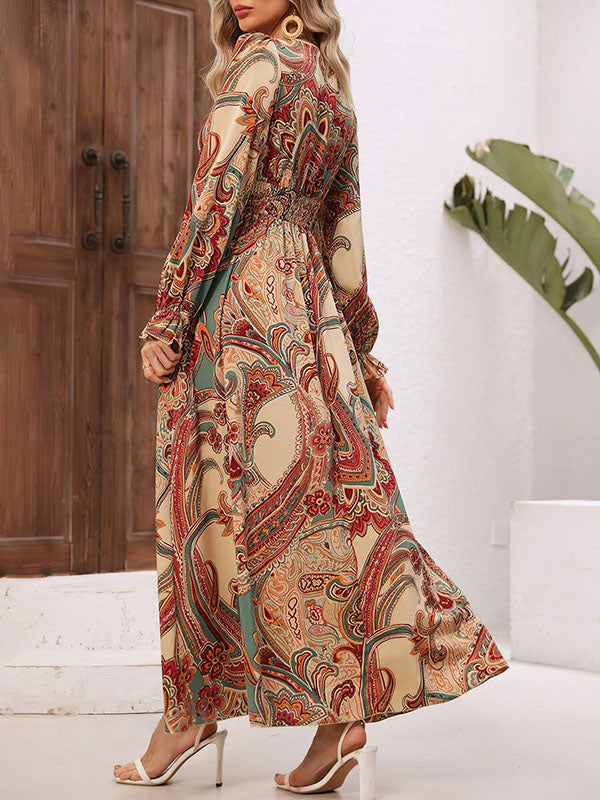 Robe longue ample imprimée à manches bouffantes, à taille élastique, à col en V