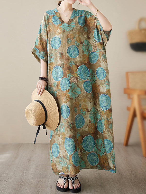 Robe longue ample imprimée à manches courtes, à col en V