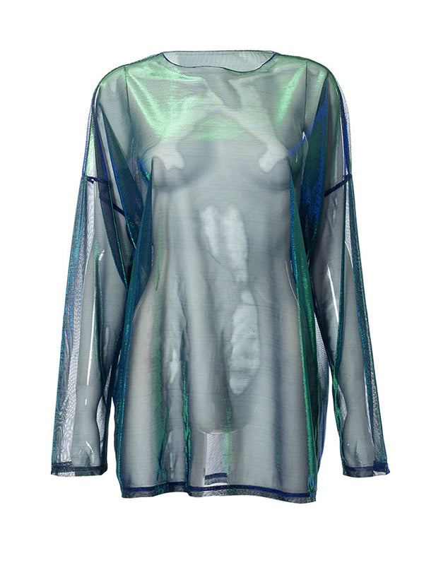 T-shirt ample transparent à manches longues, en gaze, à col rond