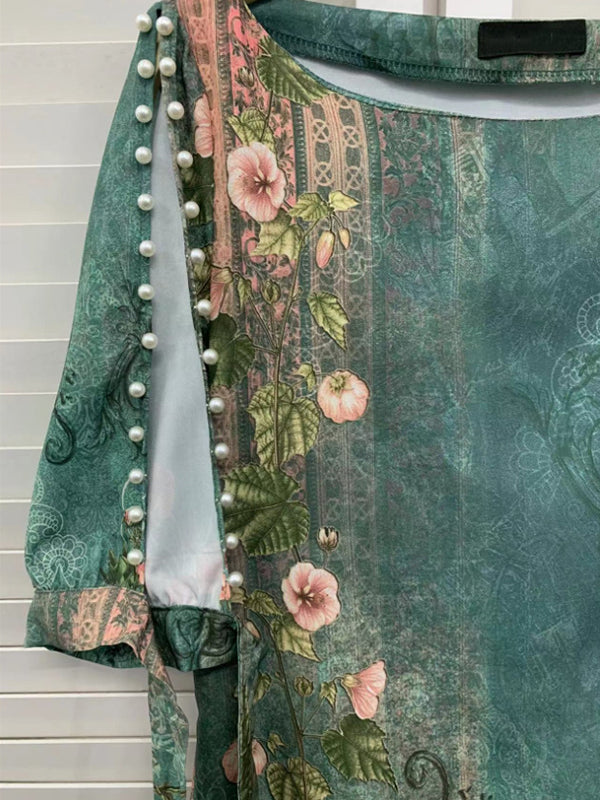 Robe courte ample ajourée imprimée à manches courtes, à empiècements, à col rond