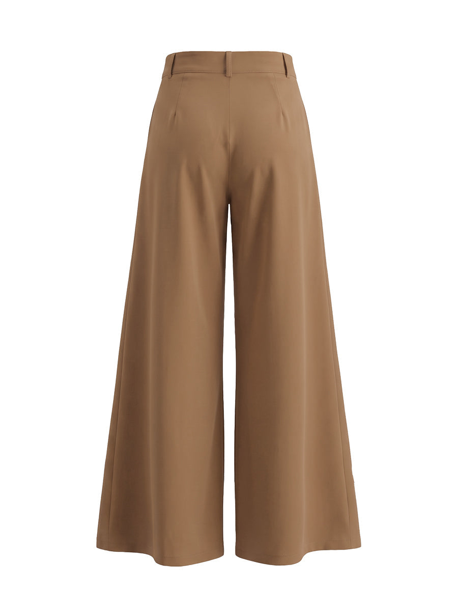 Pantalon élégant ample taille haute, à jambes larges, couleur unie