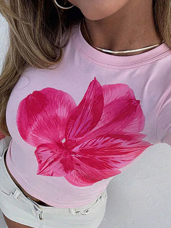 T-shirt à manches courtes, coupe près du corps, à imprimé floral, à col rond