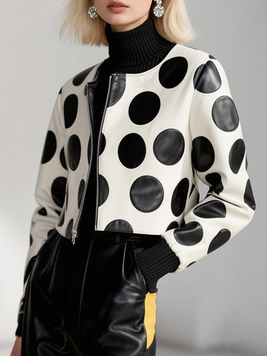 Veste à fermeture éclair, à empiècements, à pois, à manches longues, à col rond