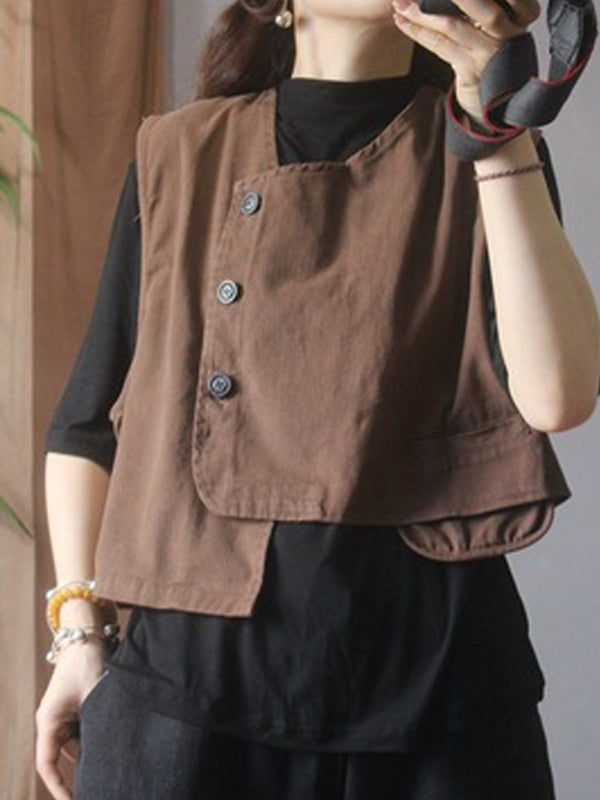 Débardeur asymétrique boutonné vintage, couleur unie