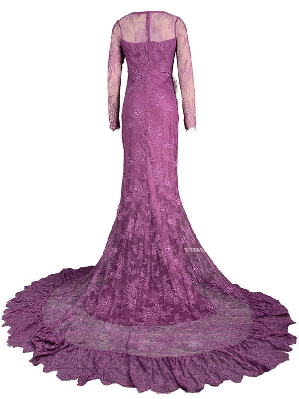 Robe de soirée longue transparente fendue sur le côté à manches longues, coupe sirène, en résille, à col carré