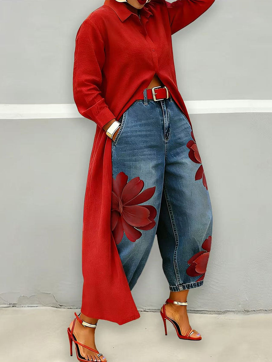 Pantalon 7/8 ample à jambes larges, à imprimé floral, sans ceinture, à poches