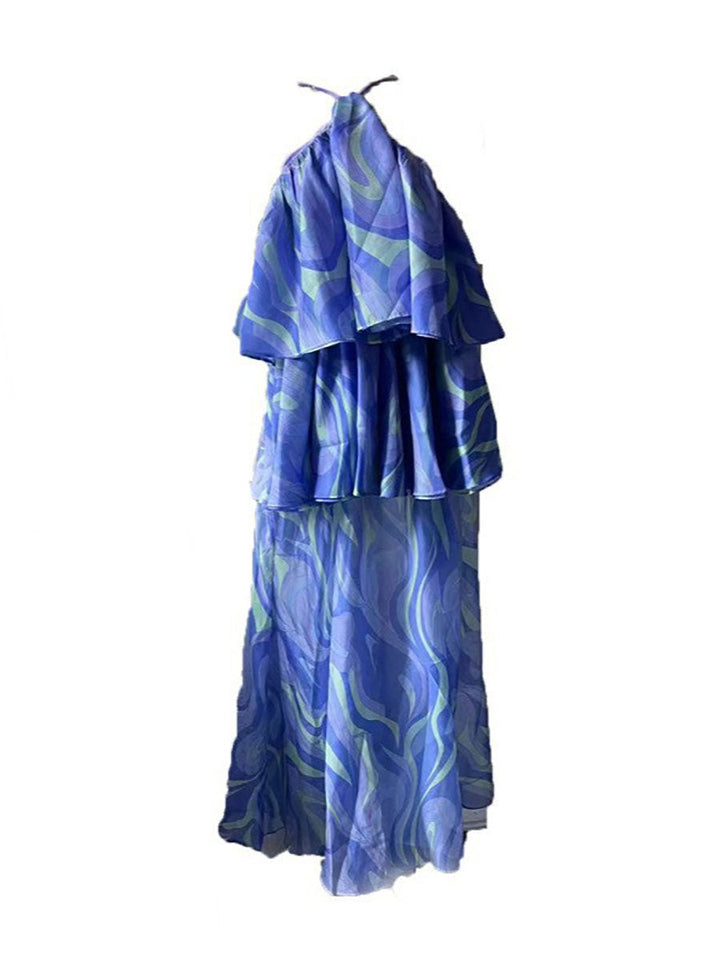 Robe longue imprimée volantée sans manches, dos nu, à col licou