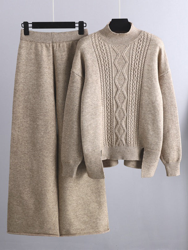 Ensemble deux pièces urbain ample, pull à demi-col roulé et pantalons à jambes larges