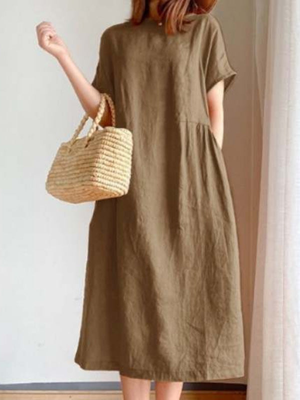 Robe mi-longue décontractée ample à col rond, couleur unie