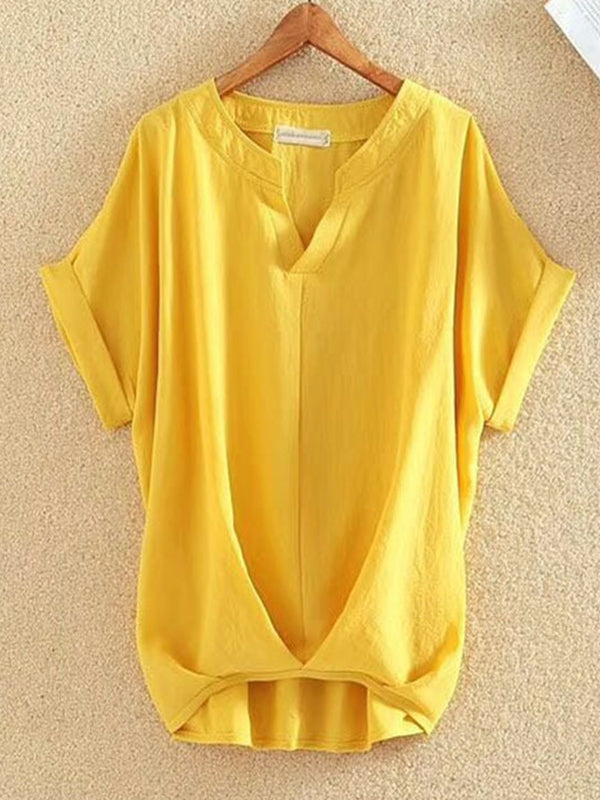 T-shirt ample plissé grande taille, à col en V, couleur unie