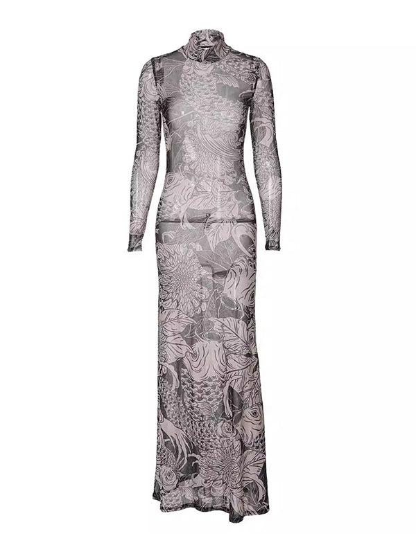 Robe de soirée longue imprimée transparente à manches longues, coupe près du corps, à empiècements, à col haut