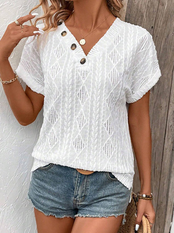 T-shirt ample boutonné à manches courtes, à col en V, couleur unie