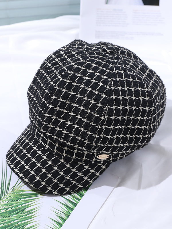 Chapeau en laine à carreaux pied-de-poule de couleur contrastée vintage