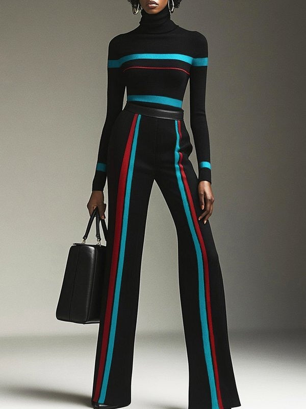 Pantalon rayé taille haute, couleur contrastée