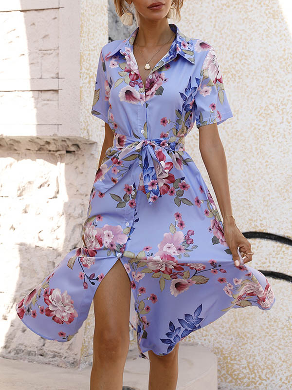 Robe mi-longue ample boutonnée coupe trapèze, à imprimé floral, à taille nouée, à col revers